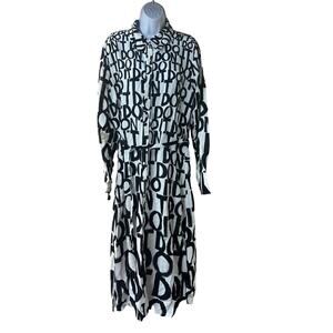Desigual Letter Print Maxi Shirt Dress Tie Waist Black White Button Front XL